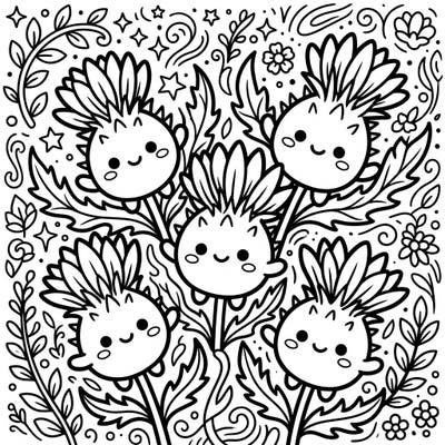 Embark on a charming coloring adventure with our Kawaii Wild Thistles page, where nature's spiky beauties get an adorable makeover. This delightful illustration invites you to add a vibrant spectrum of colors to these lovable, smiling thistles and their whimsical surroundings.