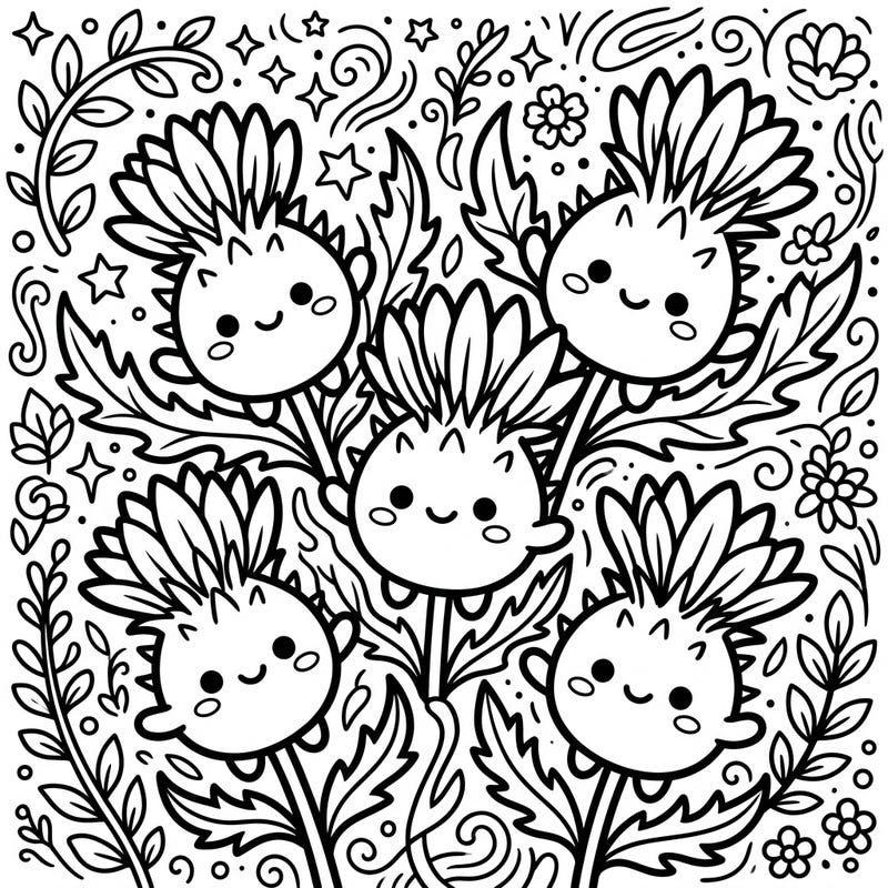 Embark on a charming coloring adventure with our Kawaii Wild Thistles page, where nature's spiky beauties get an adorable makeover. This delightful illustration invites you to add a vibrant spectrum of colors to these lovable, smiling thistles and their whimsical surroundings.