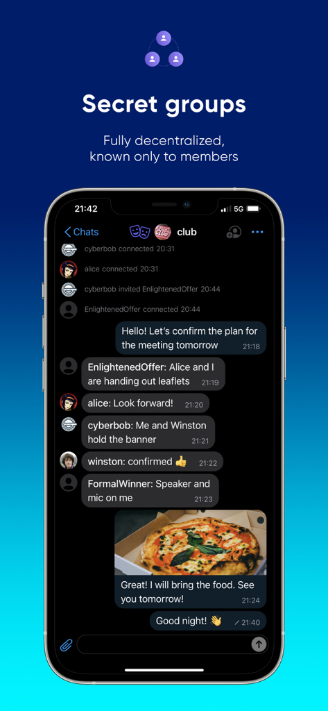SimpleX Chat app showing a decentralized secret group chat interface