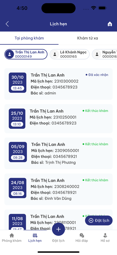 tClinic - Screen of tClinic app displaying a list of medical appointments with dates doctor names and status updates in Vietnamese