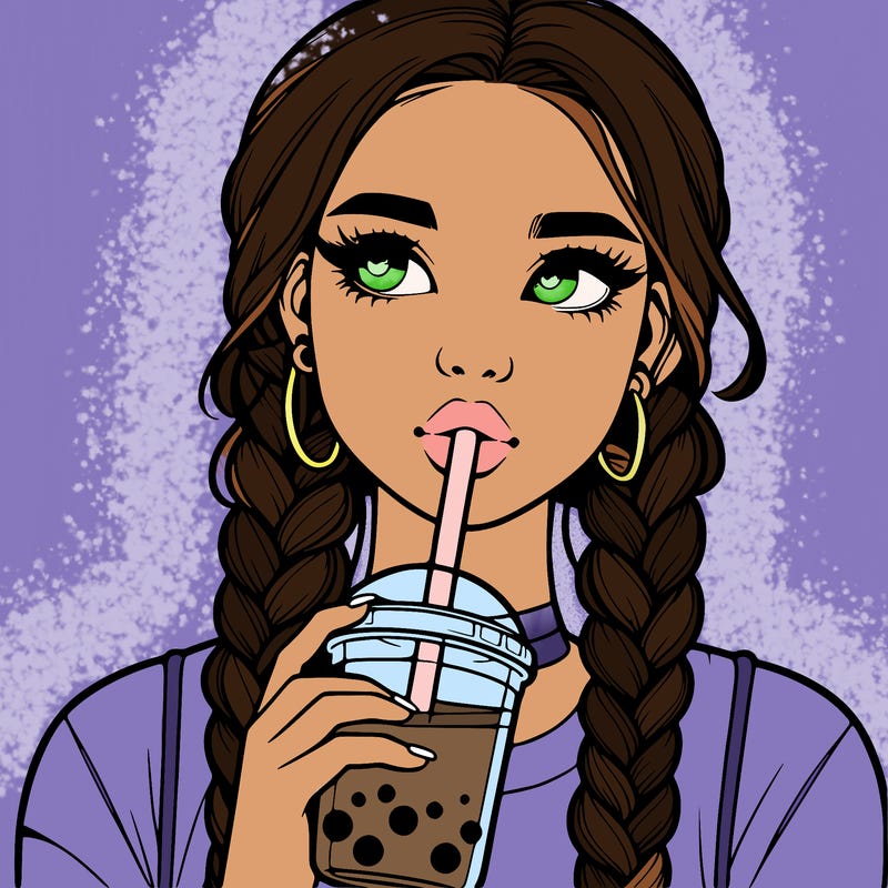 realistic girl with braided hair drinking boba