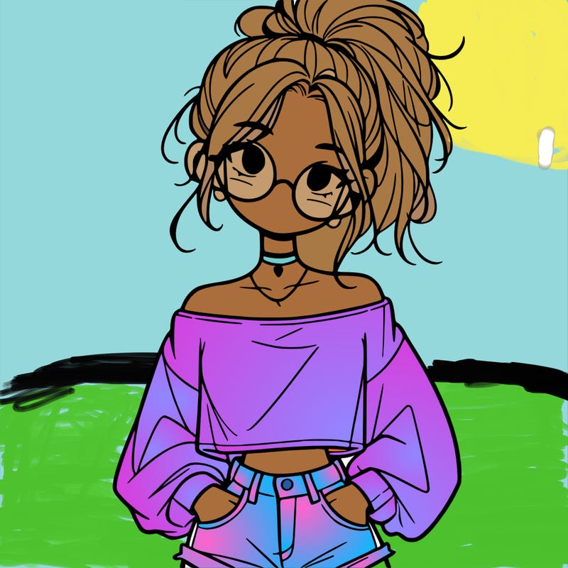 girl with a messy ponytail glasses a baggy crop top and jean shorts