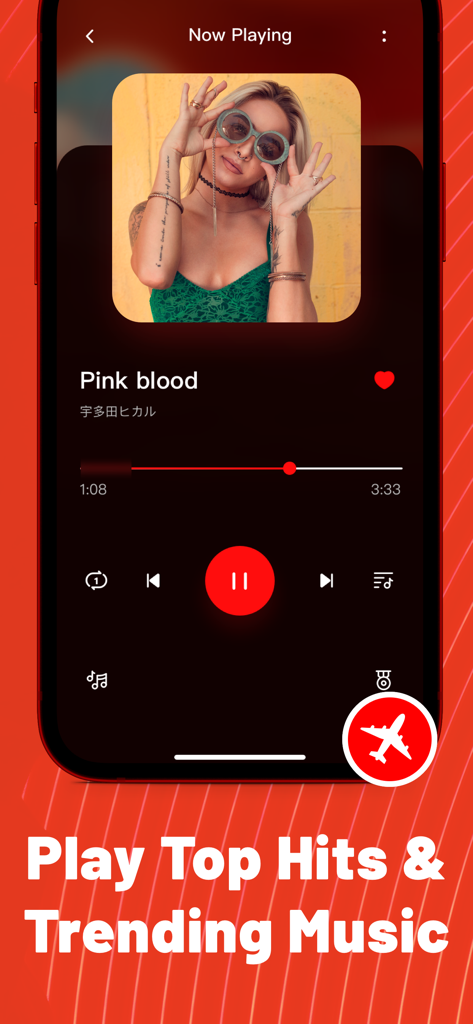 Music Quick app interface showing a now playing screen with offline playback airplane icon and trending music text