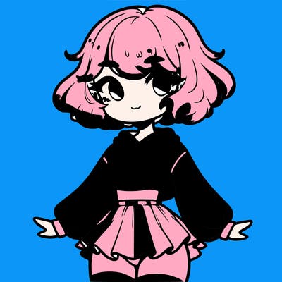 cute femboy with short, fluffy hair that softly frames their face, wearing a cropped hoodie, paired with a flouncy short skirt, and thigh-high stockings