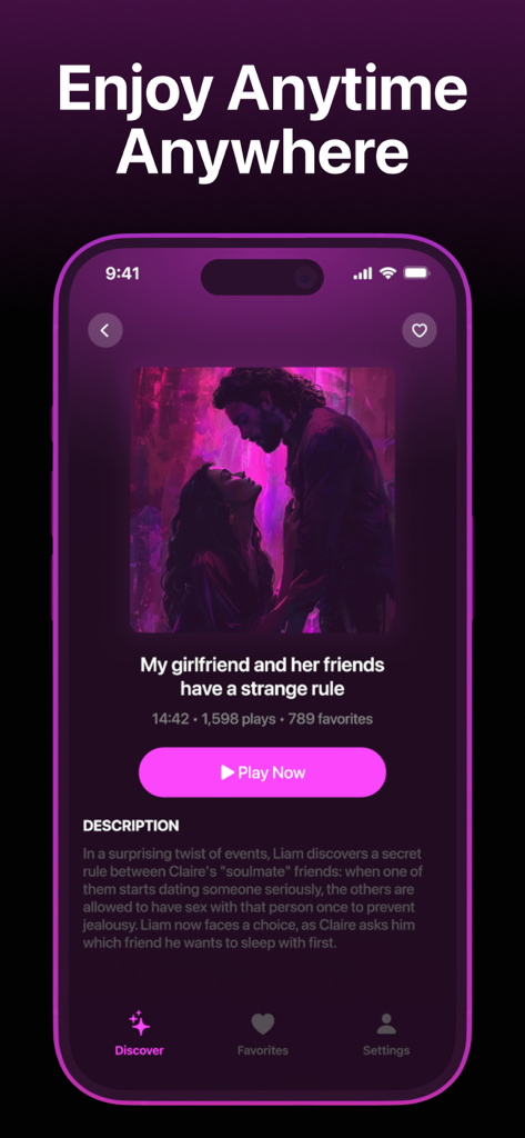 Maven - Spicy Audio Stories - Interfaz de la aplicación Maven mostrando la descripción y el botón de reproducción de una historia picante en audio titulada Mi novia y sus amigas tienen una regla extraña.