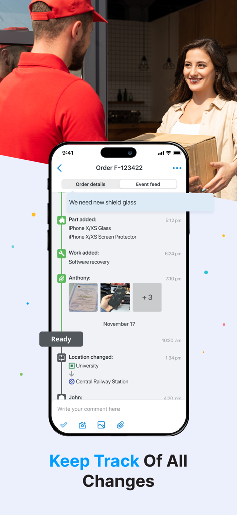 RO.app - Mobile app interface showing real-time event feed for a field service order including parts and status updates