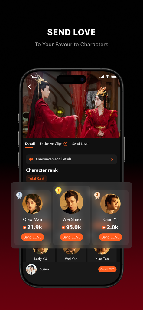 Interface of WeTV app showing character rankings and the Send Love interaction feature