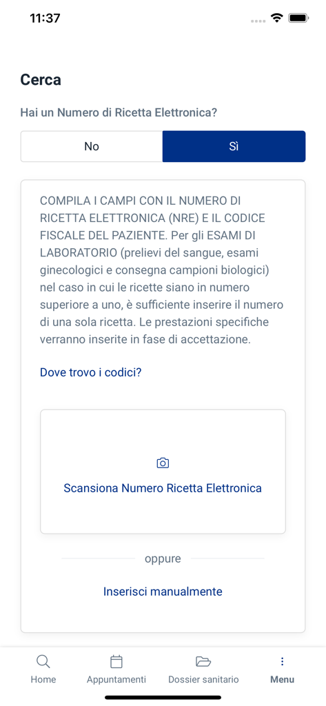 CDC|Affidea - La schermata di ricerca dell'app CDC Affidea che consente agli utenti di scansionare o inserire manualmente il numero di una prescrizione medica elettronica