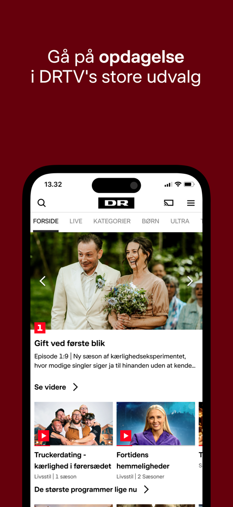 DRTV - The home screen of the DRTV mobile app showcasing a variety of Danish TV programs and streaming categories.