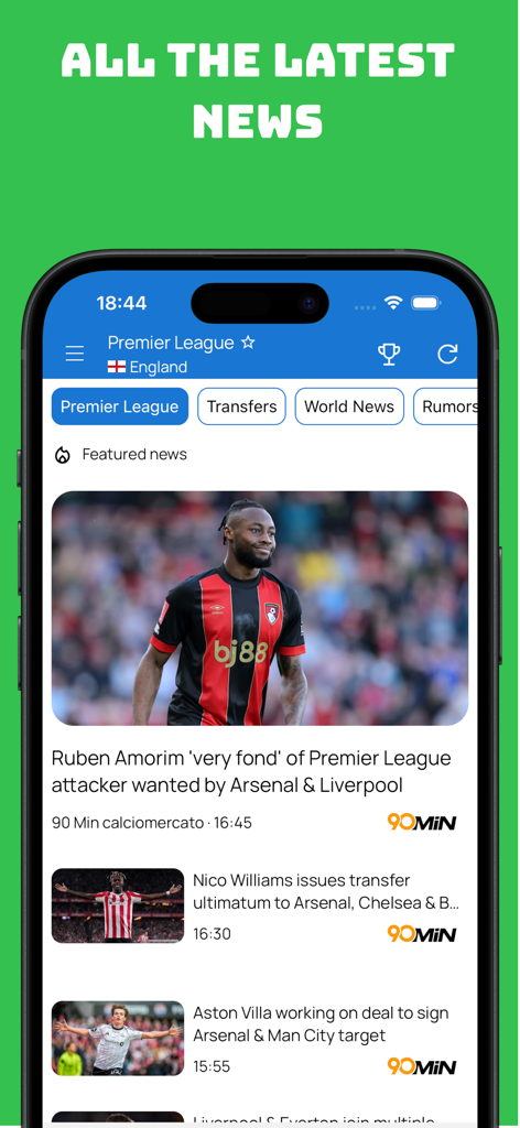Sección de noticias de la aplicación Fútbol Acción en Vivo con rumores de fichajes de la Premier League y los últimos artículos deportivos