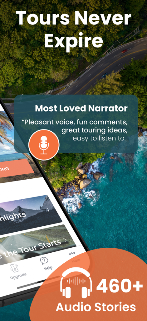 Maui GyPSy Guide Driving Tour - Maui driving tour app interface with narrator reviews and 460 audio stories over a coastal road aerial view