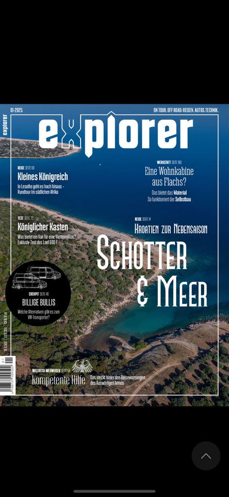 EXPLORER Magazin - Front cover of EXPLORER Magazin for off-road and overlanding enthusiasts showing an aerial coastal photo and technical travel articles.