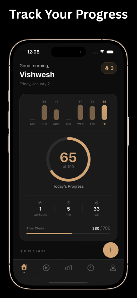 Push Up Counter: PushPro - Vue du tableau de bord de l'application Push Up Counter suivant les statistiques d'entraînement quotidiennes et hebdomadaires