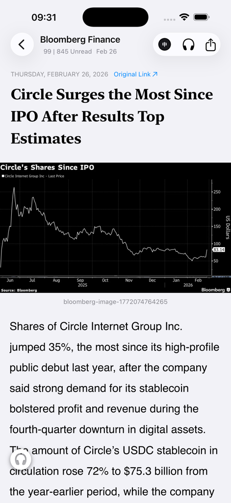 ONews app interface showing a Bloomberg Finance article with a stock performance chart