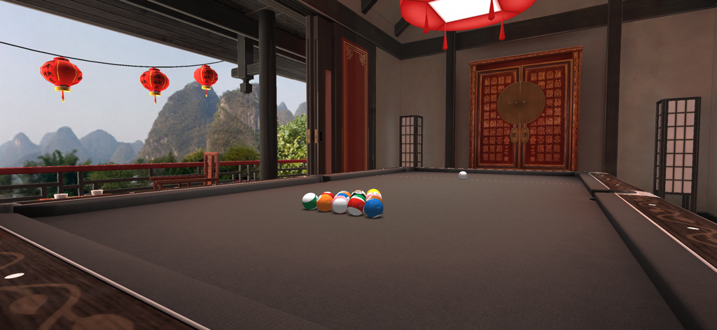 Tournament Pool - A realistic 3D pool table with billiard balls in a Chinese room featuring mountain views and red lanterns.