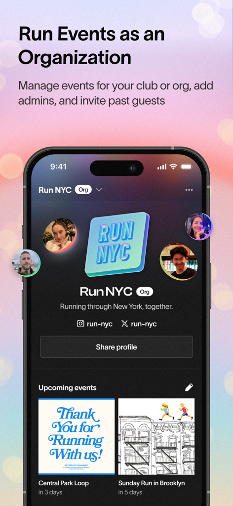 Ein Smartphone, das die Organisationsprofilseite für einen Laufclub in der Partiful-App anzeigt, mit anstehenden Events und sozialen Links