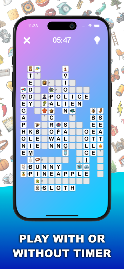 Word Detective - Una pantalla de crucigrama móvil usando iconos como pistas de palabras con un temporizador de juego activo.