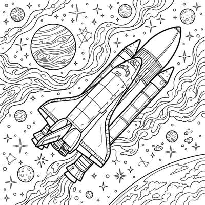 Ignite your imagination with this stunning space shuttle coloring page, featuring a magnificent spacecraft soaring through a star-studded universe. Explore a detailed cosmic scene filled with planets and nebulas, ready for your artistic vision.