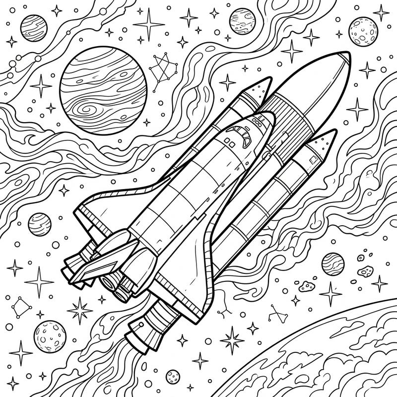 Ignite your imagination with this stunning space shuttle coloring page, featuring a magnificent spacecraft soaring through a star-studded universe. Explore a detailed cosmic scene filled with planets and nebulas, ready for your artistic vision.
