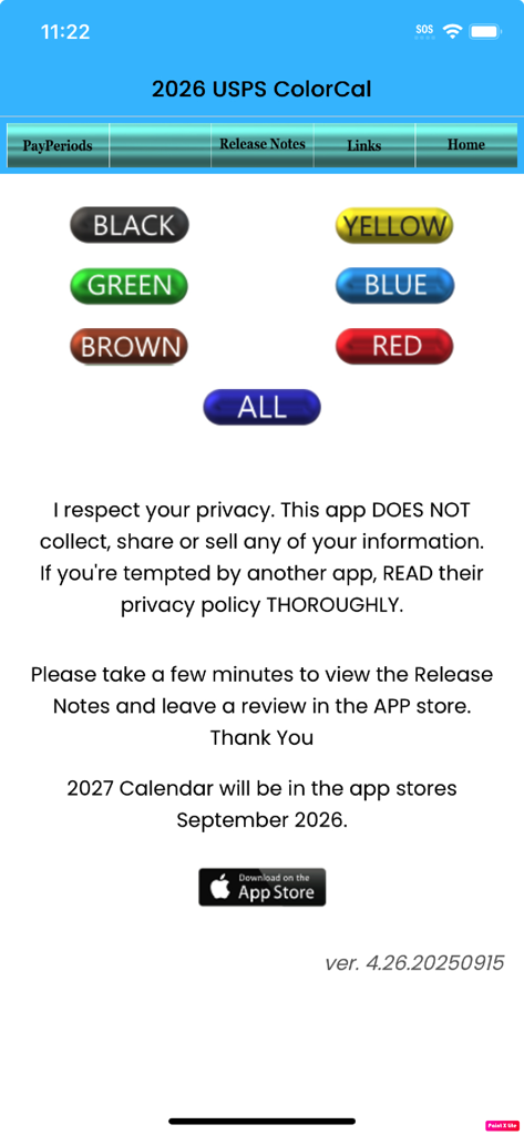 2026 USPS ColorCal Calendar - The home screen of the 2026 USPS ColorCal mobile app showing color coded buttons for rotating postal worker schedules.