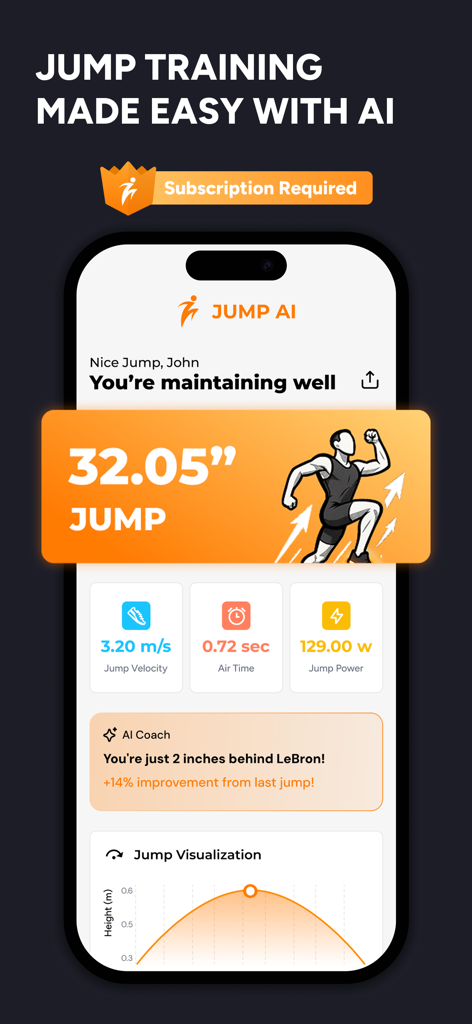 Screenshot of Jump AI app displaying vertical jump height and performance metrics