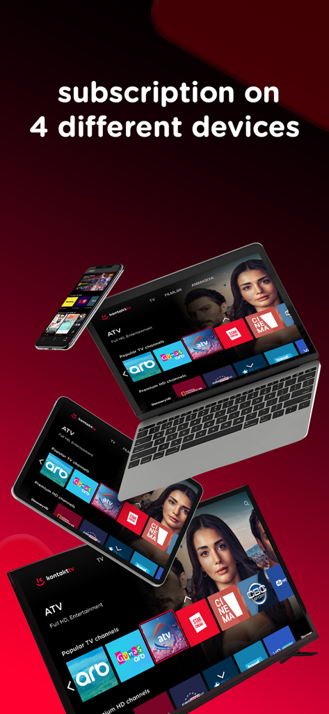 KontaktTV - KontaktTV app interface shown on a smartphone tablet laptop and smart TV