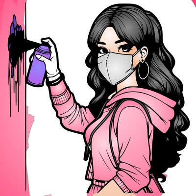 realistic girl with mask spray painting a wall