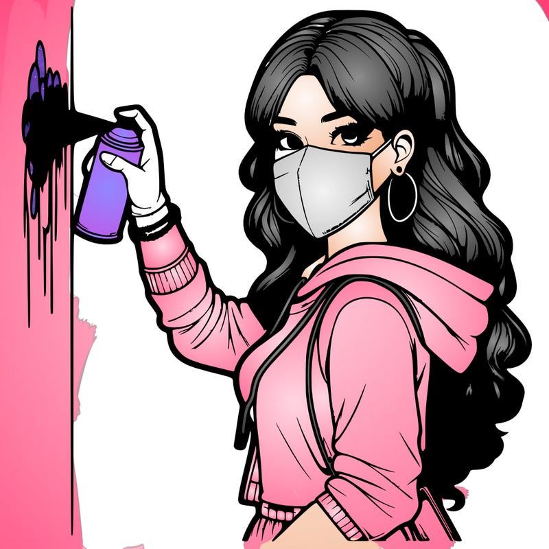realistic girl with mask spray painting a wall
