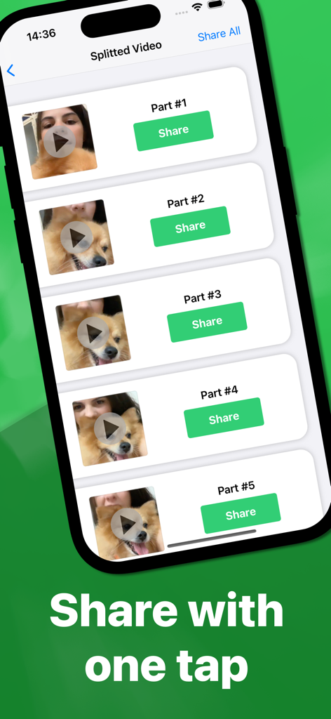 Video Splitter: Longer Stories - List of split video segments with share buttons for social media stories