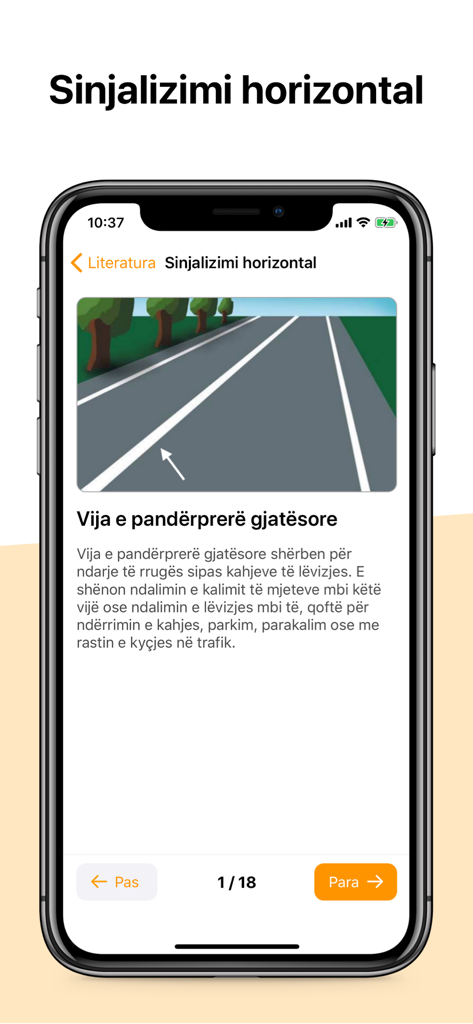 A driving theory lesson about horizontal road markings in the Autoshkolla Kosove mobile app