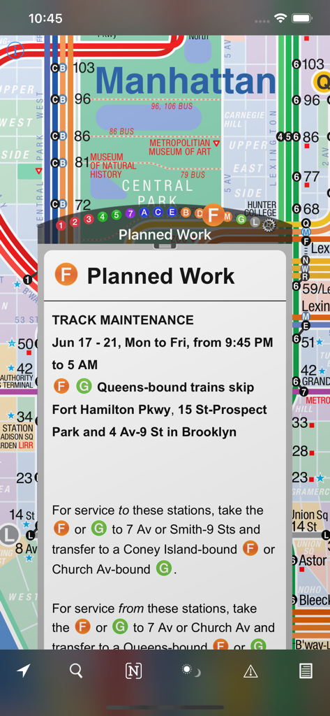 KickMap NYC+ - Screenshot of the KickMap NYC+ app showing a planned work service alert for the F line subway over a map of Manhattan