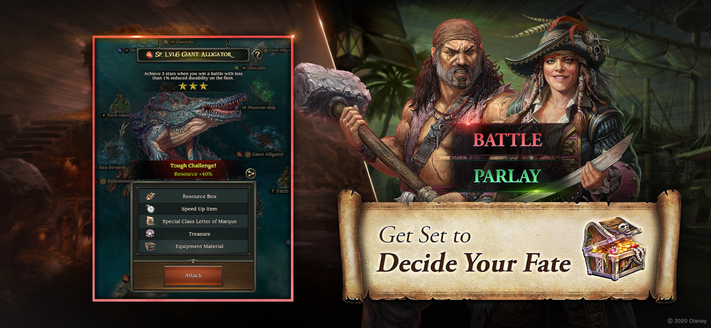 Battle screen in Pirates of the Caribbean Tides of War featuring a giant alligator boss and strategic gameplay choices.