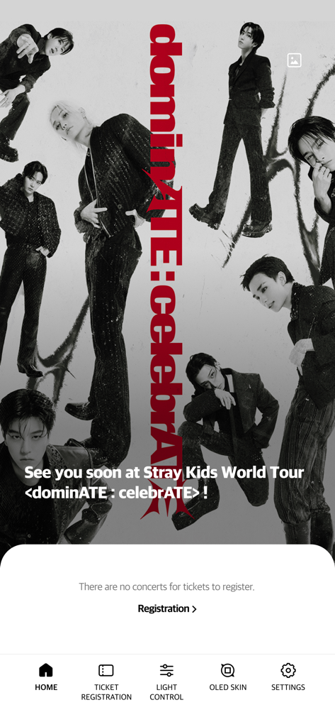 Stray Kids Light Stick V2 - Stray Kids Light Stick V2 app home screen showing the dominATE world tour background and ticket registration section