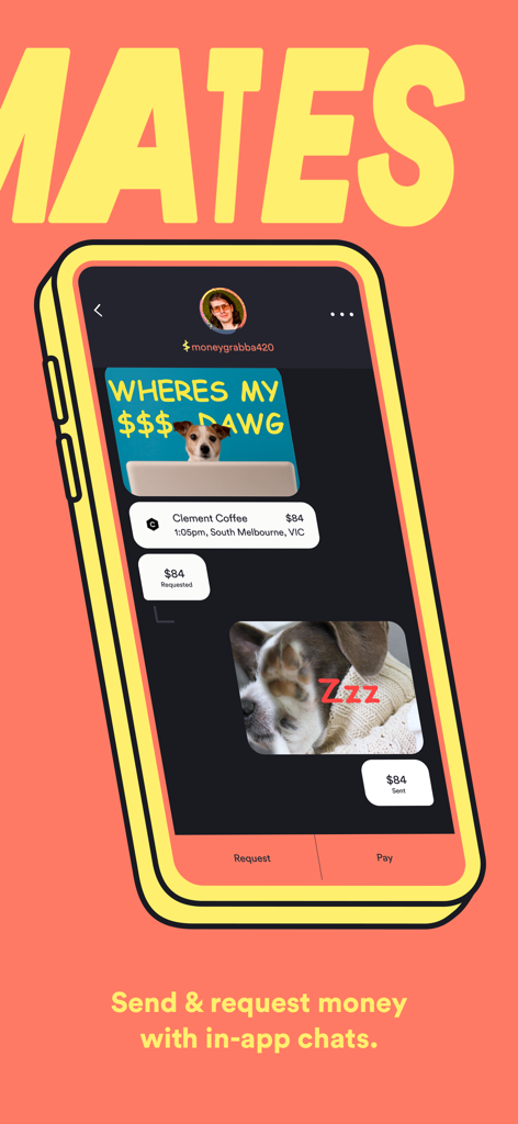 In-app chat interface for sending and requesting money with friends using GIFs and memes.