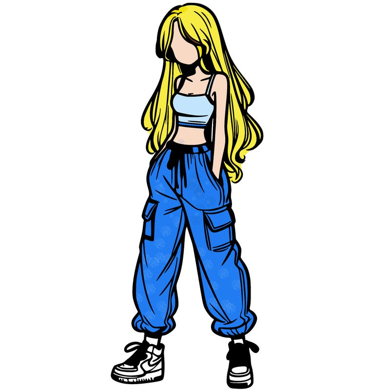 girl in baggy pants crop top and long hair