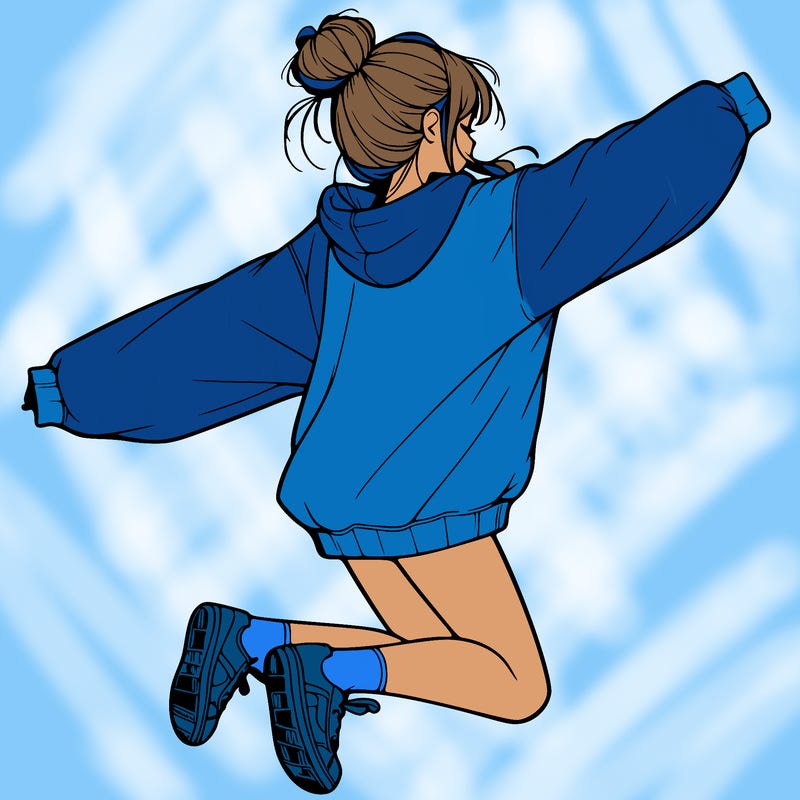 realistic girl jumping with a bun and oversized sweatshirt