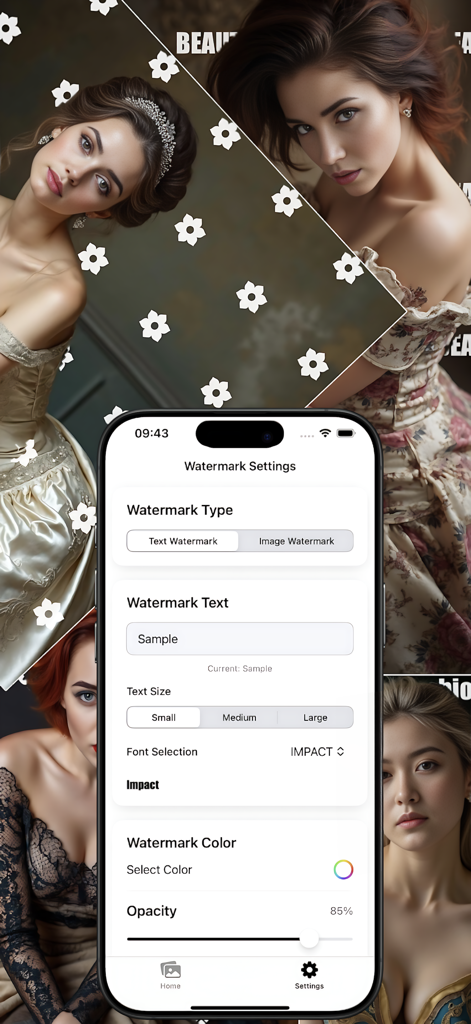 AIウォーターマーク写真アプリで、テキストサイズ、フォント、不透明度のカスタマイズオプションを表示するユーザーインターフェース。