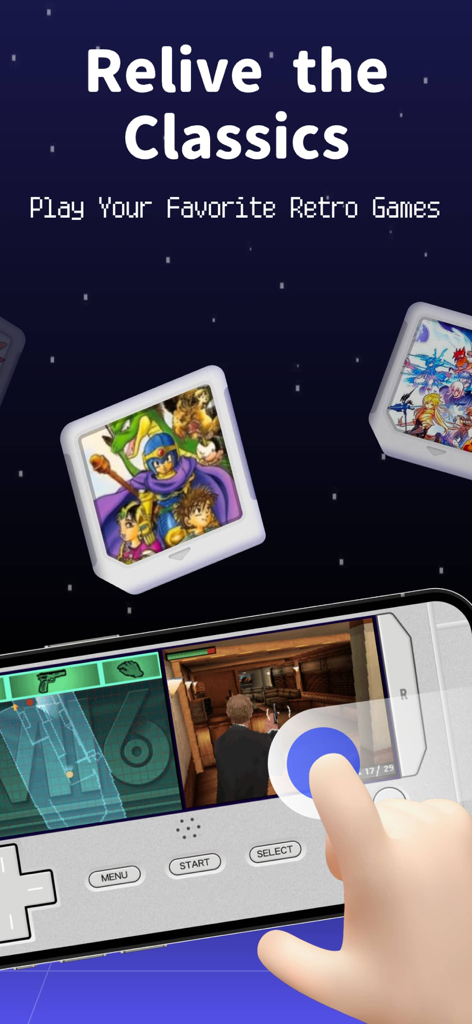 Hand playing a classic video game on an iPhone using the Game Emulator RePlay app with retro game covers in the background