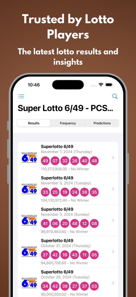 Smartphone screen showing historical winning numbers for Super Lotto 6/49 on the PCSO Ball app.