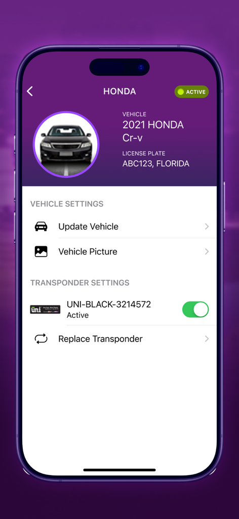 Vehicle management screen in the EPASS Toll App showing an active transponder for a Honda CR-V