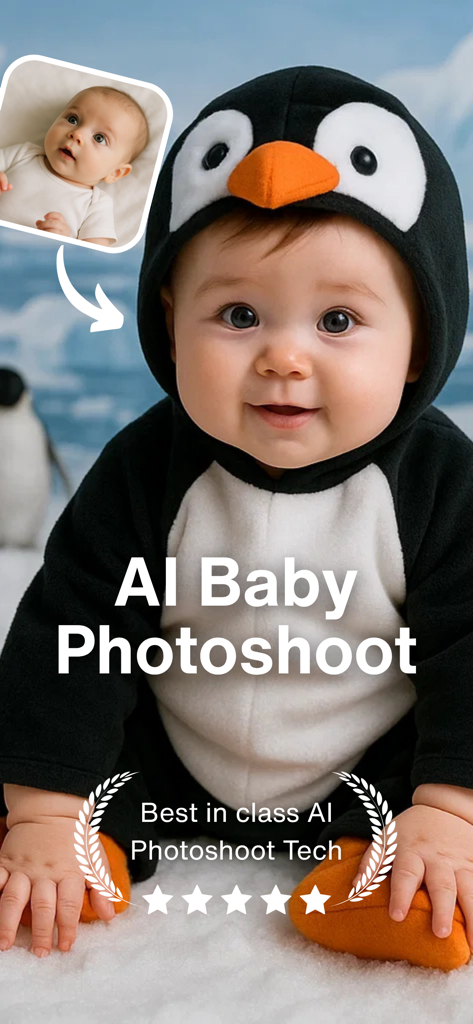 Newborn Baby AI Photo: NewPic - AI baby photoshoot showing a newborn transformed into a professional penguin costume portrait