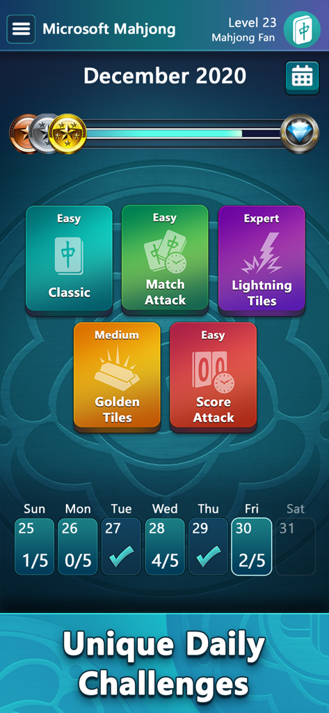Microsoft Mahjong app interface showing daily challenges including Classic, Match Attack, and Lightning Tiles with badge progress.