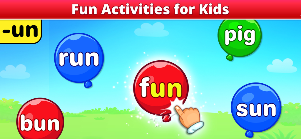 ABC Spelling - Spell & Phonics - Educational phonics game screen for kids featuring colorful balloons with rhyming words ending in un.