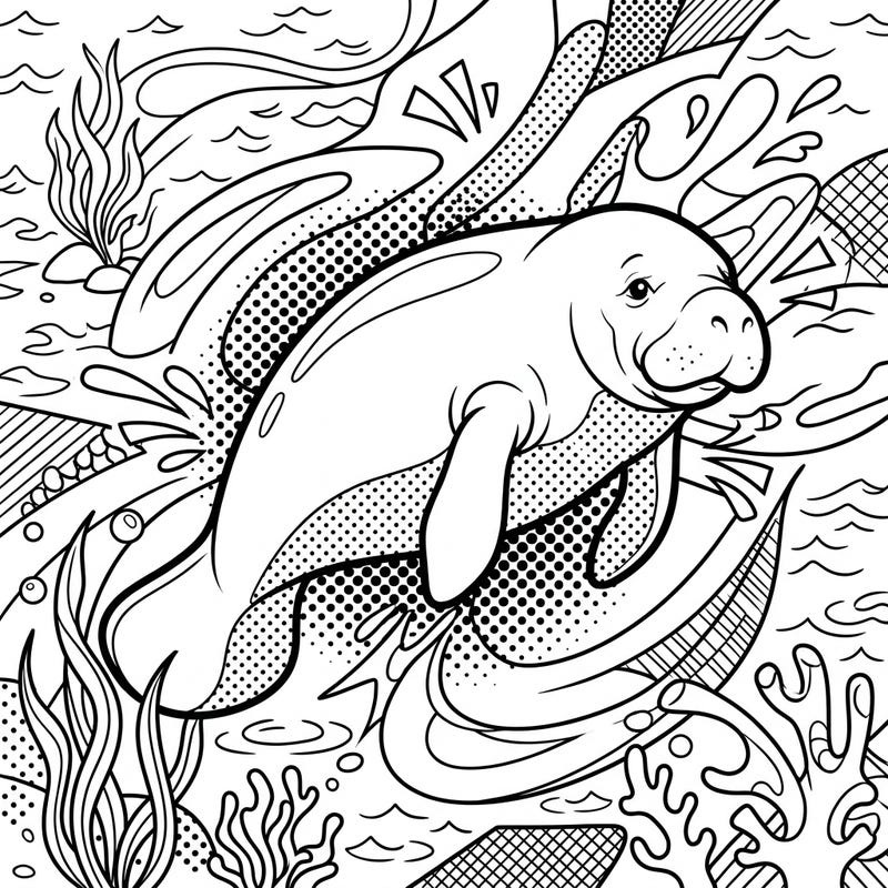 Unleash your inner artist with this captivating Pop Art African Manatee coloring page, blending marine wonder with a retro comic book vibe. Experience the joy of adding your unique flair to this dynamic and engaging aquatic scene.