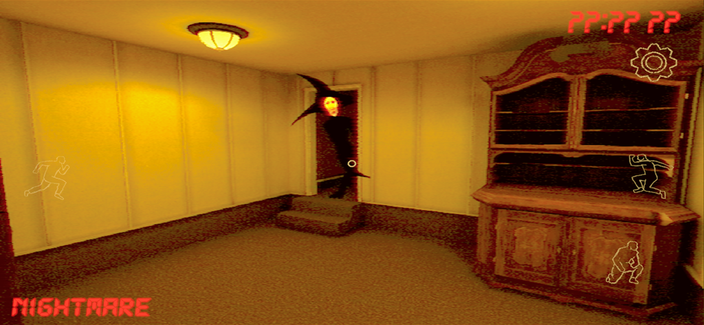 Entidade assustadora e distorcida parada em um portal dentro de um quarto granulado em estilo VHS do Jogo de Terror Analógico Obelisco.
