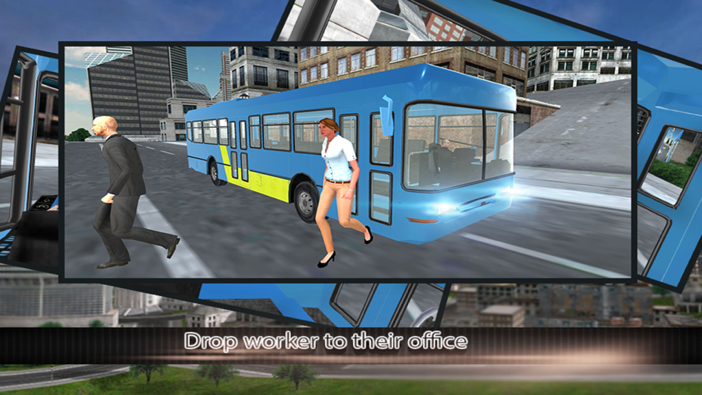Modern city bus driver 3d : free simulation game - Um ônibus urbano azul em um ambiente de jogo de simulação com passageiros caminhando em direção ao seu destino