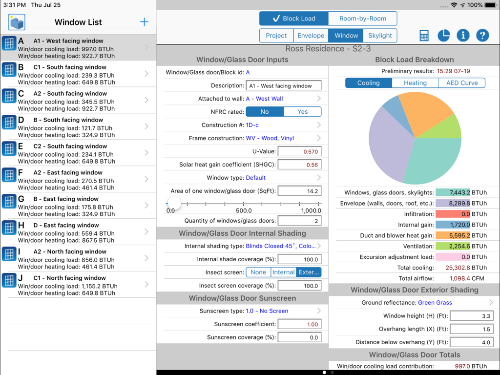 HVAC ResLoad-J - HVAC ResLoad-J iPad app interface showing a list of window cooling loads and a block load breakdown pie chart