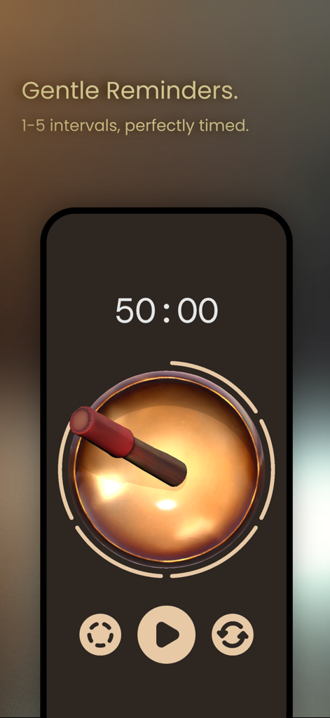 Bowl Timer - Interfaz de la aplicación Bowl Timer que muestra una cuenta regresiva de meditación de 50 minutos con configuraciones de intervalos