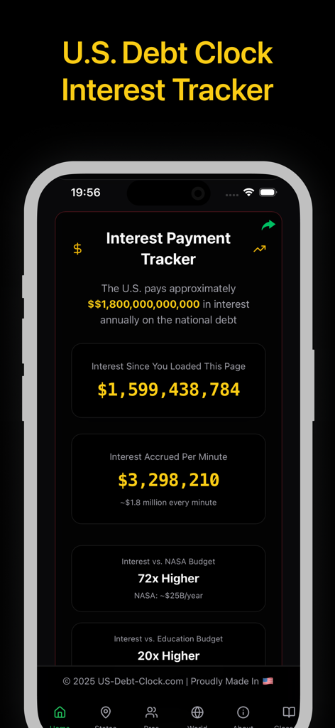 US Debt Clock app interest payment tracker screen showing real time interest accrual and budget comparisons