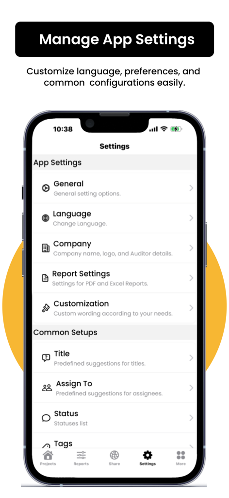 Smartphone screen showing the settings menu of the SnagBricks site auditing app